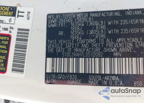 2020 Toyota Highlander L from USA, damaged, VIN 5TDCZRAH7LS512092